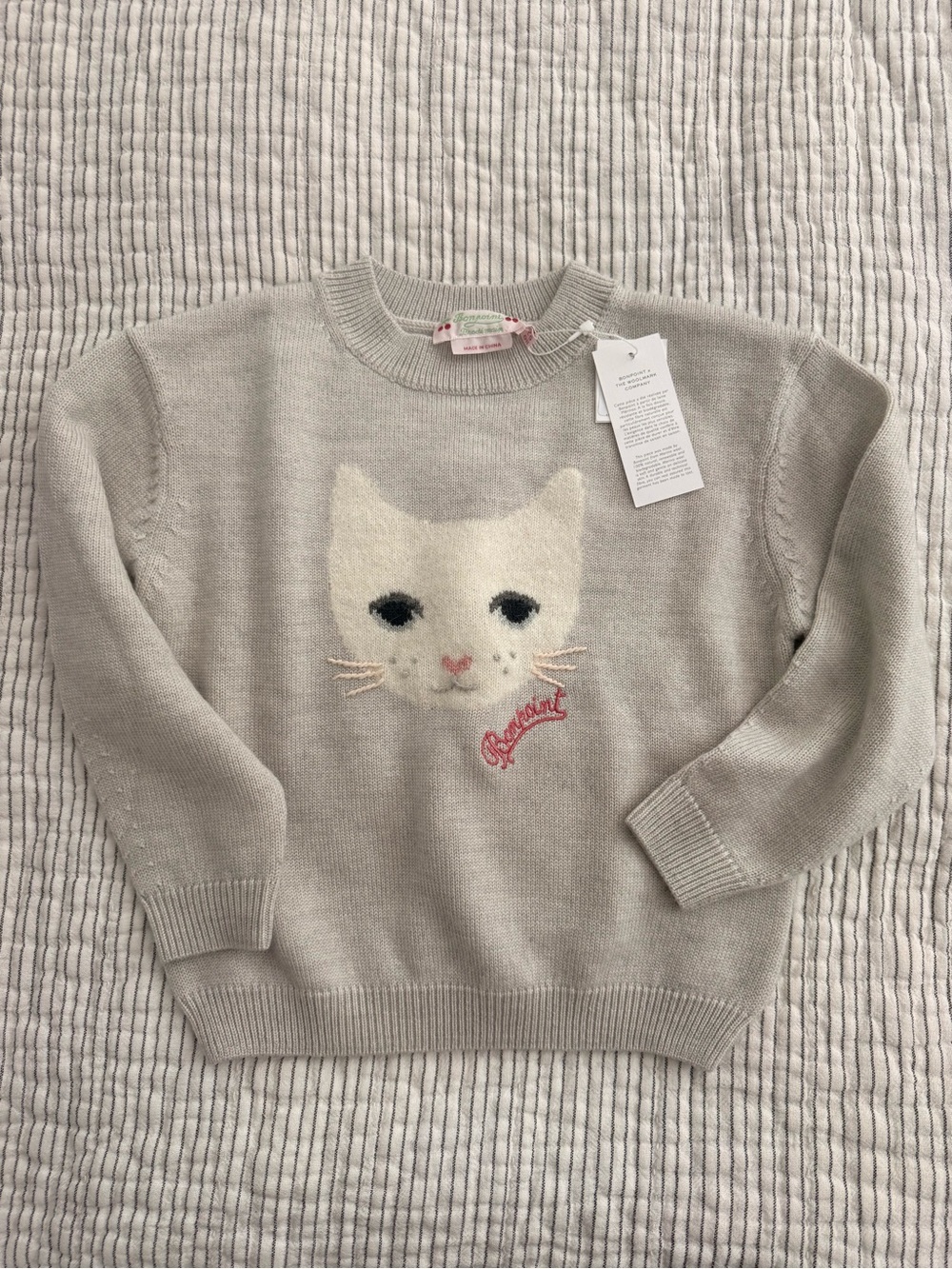 Bonpoint Gray Knit Sweater with White Cat Motif and Pink Embroidery